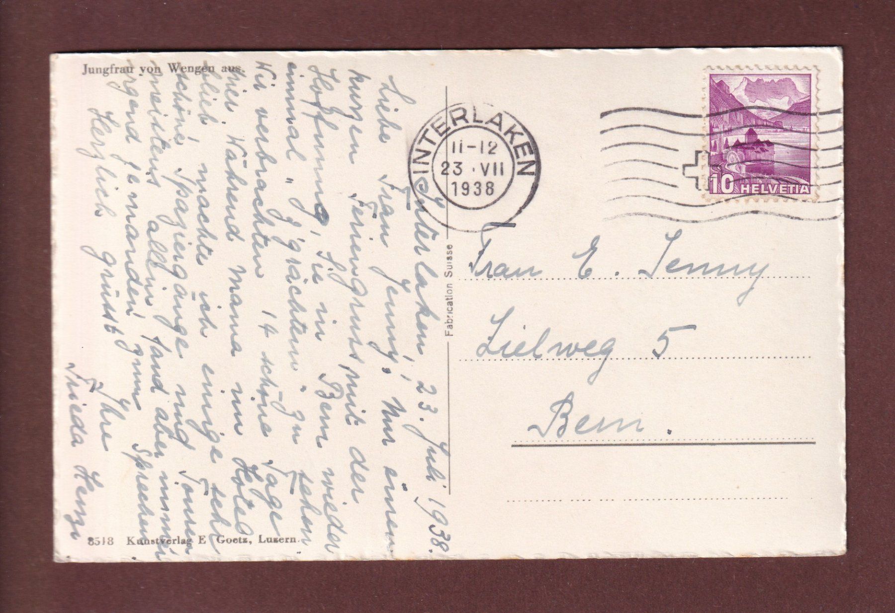 Cartoline postali: JUNGFRAU von Wengen aus - 1938 – Usato da Pully venduto da nicecards-shop 1