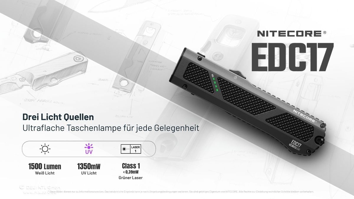 NiteCore Lampade: Nitecore EDC17-1500 Lumen, mit UV und Laserpointer Klasse 1 – Nuovo e nell'imballaggio originale da Grüningen venduto da Prolumin 1