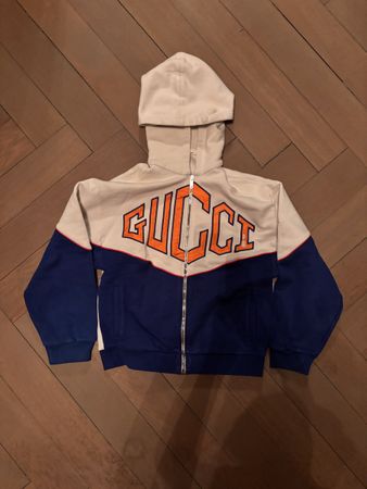 Gucci Vintage Style Hoodie, Blue & Cream and orange. Mediu