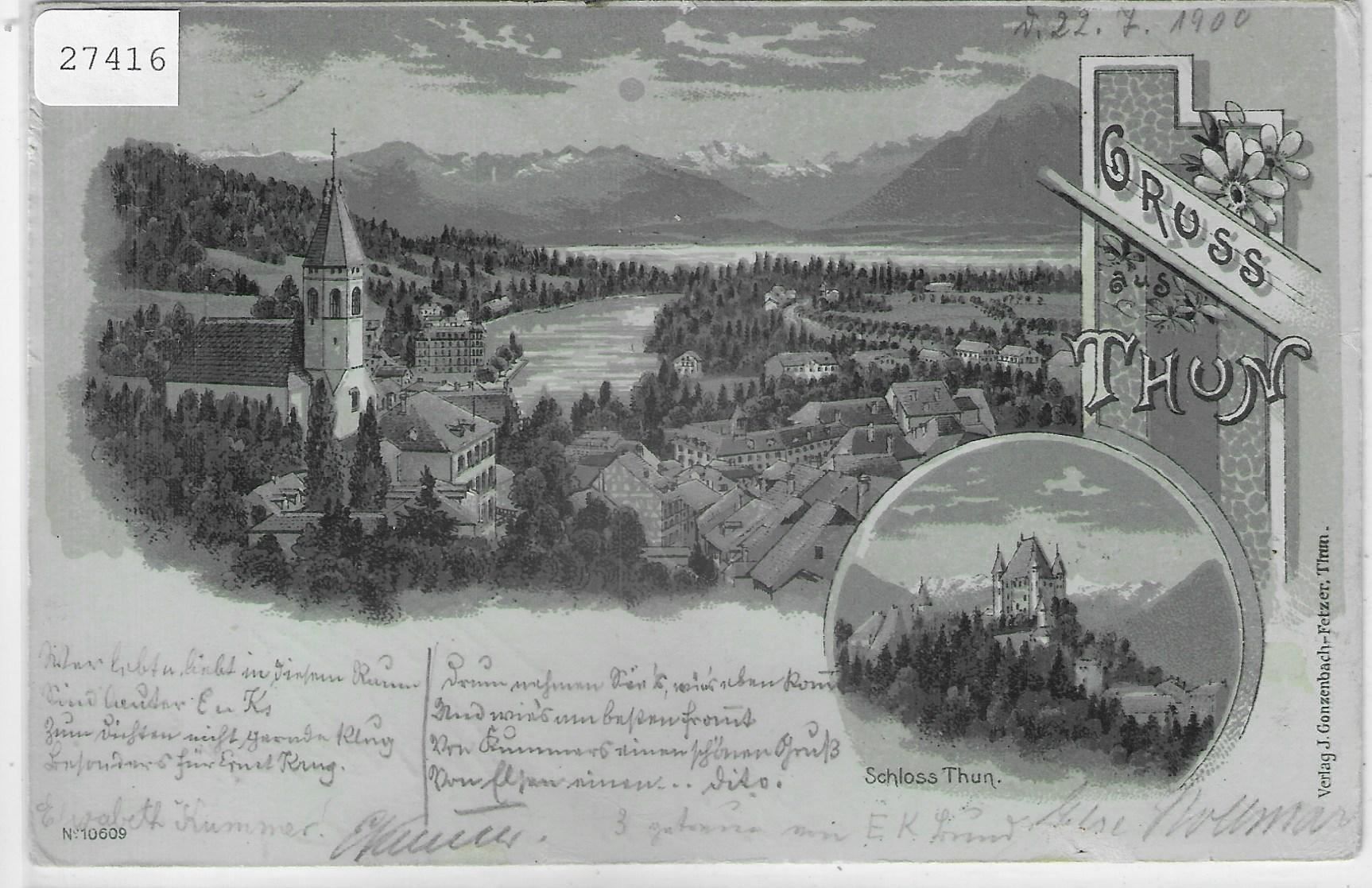 Cartoline postali: Gruss aus Thun - Mondschein-Litho 1900 – Usato da Ettingen venduto da Kartenplanet
