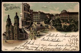 Lithographie St. Gallen, Straßenbahn am Marktplatz, Domkirch
