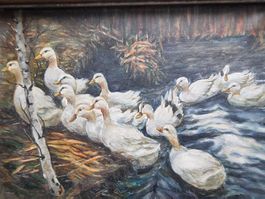 GEMÄLDE MIT ENTEN AUF KEILRAHMEN MIT RAHMEN