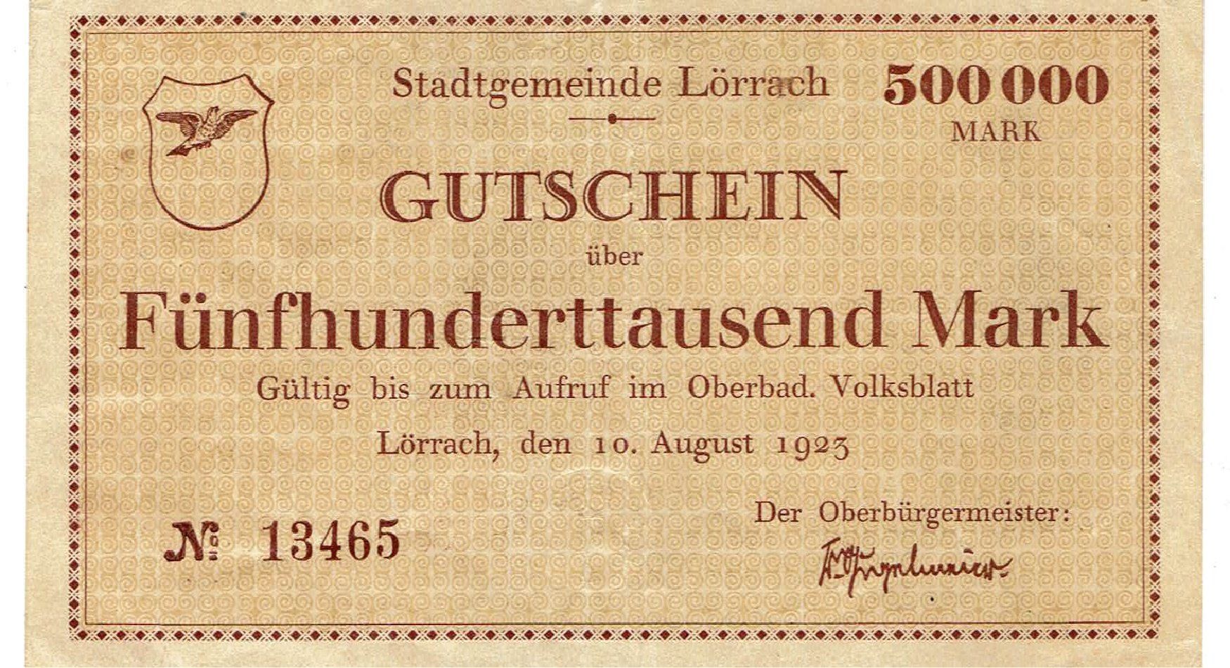 Banconote: Lörrach 500000 Mark 10.08.1923 VZ-VZ+ – Usato da Steffisburg venduto da ber_8htf