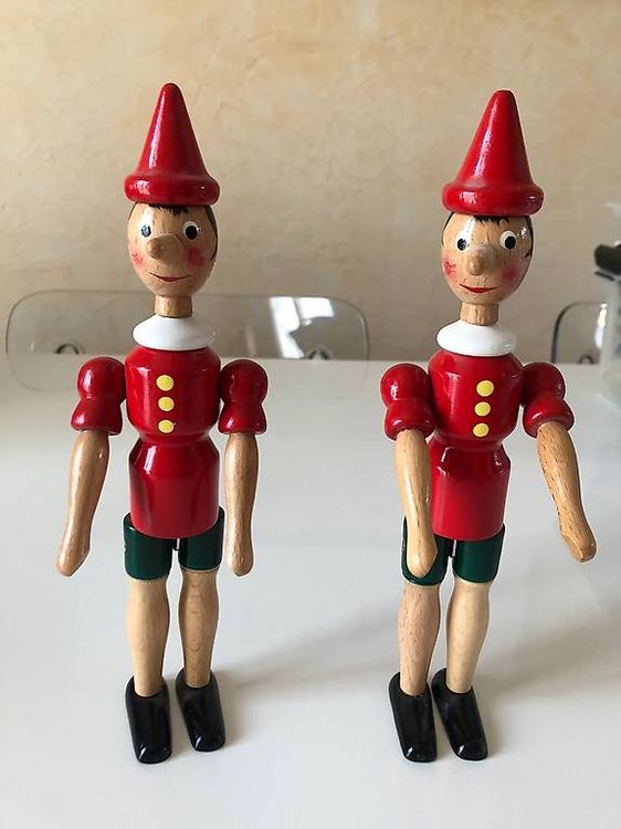 Grandes Poupées Pinocchio En Bois Fait Main - 32 Et 36 Cm - Vintage Italie