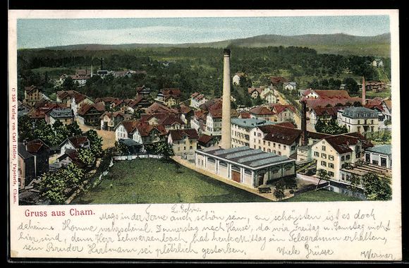 Ansichtskarten: Cham, Ortsansicht mit Fabrik und Schorns – Gebraucht aus Berlin von bartko-reher