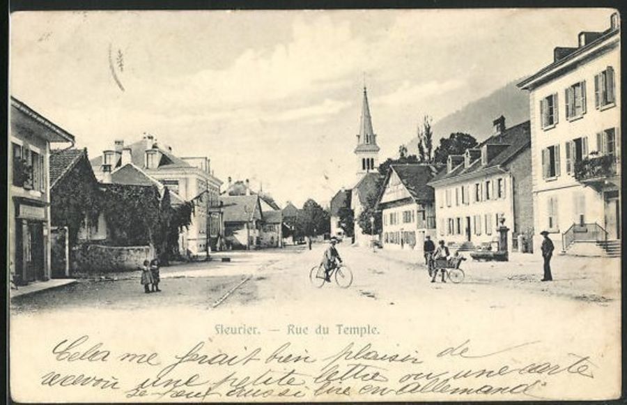 Cartoline postali: Fleurier, Rue du Temple, animée 1910 – Usato da Frauenfeld venduto da POML