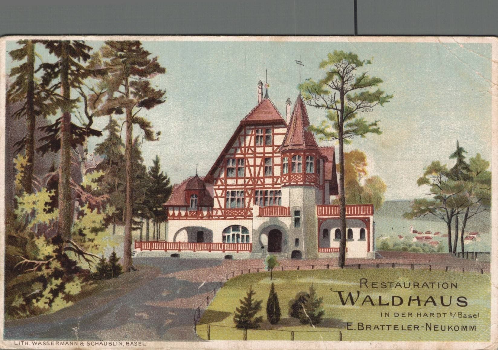 Cartes postales: Alte Litho Waldhaus Hardt bei Basel, Litho gel.1908 – D'occasion à Luzern par Kartenansicht