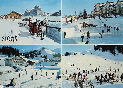 Cartoline postali: STOOS Mythen, Pferde-Schlittenfahrt, Eisbahn, Skilift – Usato da Jona venduto da philajona