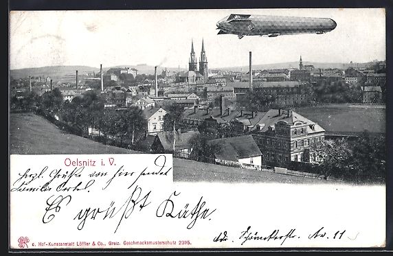 Ansichtskarten: Oelsnitz i. V., Zeppelin über der Ortsc – Gebraucht aus Berlin von bartko-reher