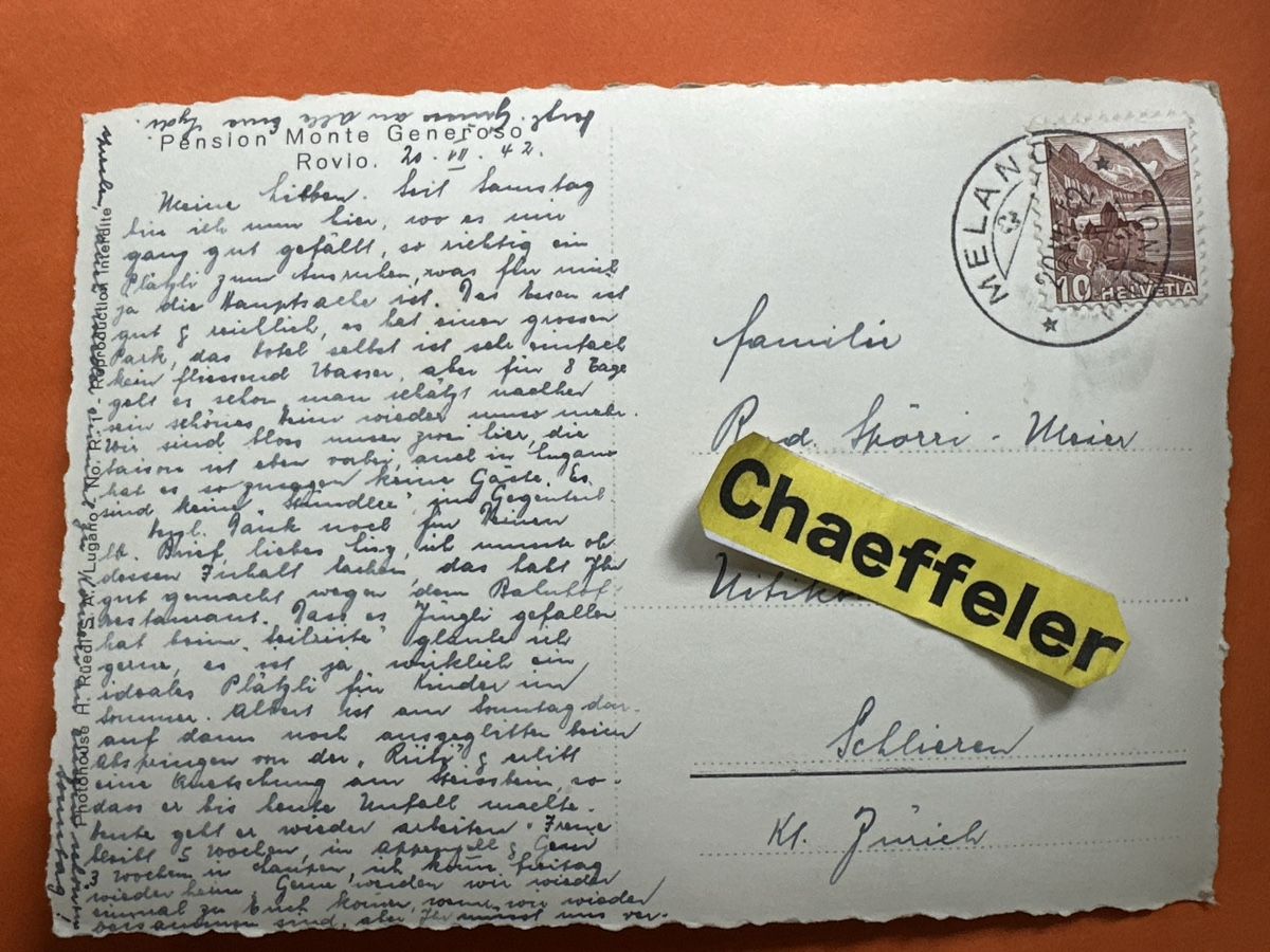 Cartoline postali: 1942 "PENSION MONTE GENEROSO", Rovio,  – Usato da Zürich venduto da Chaeffeler 1