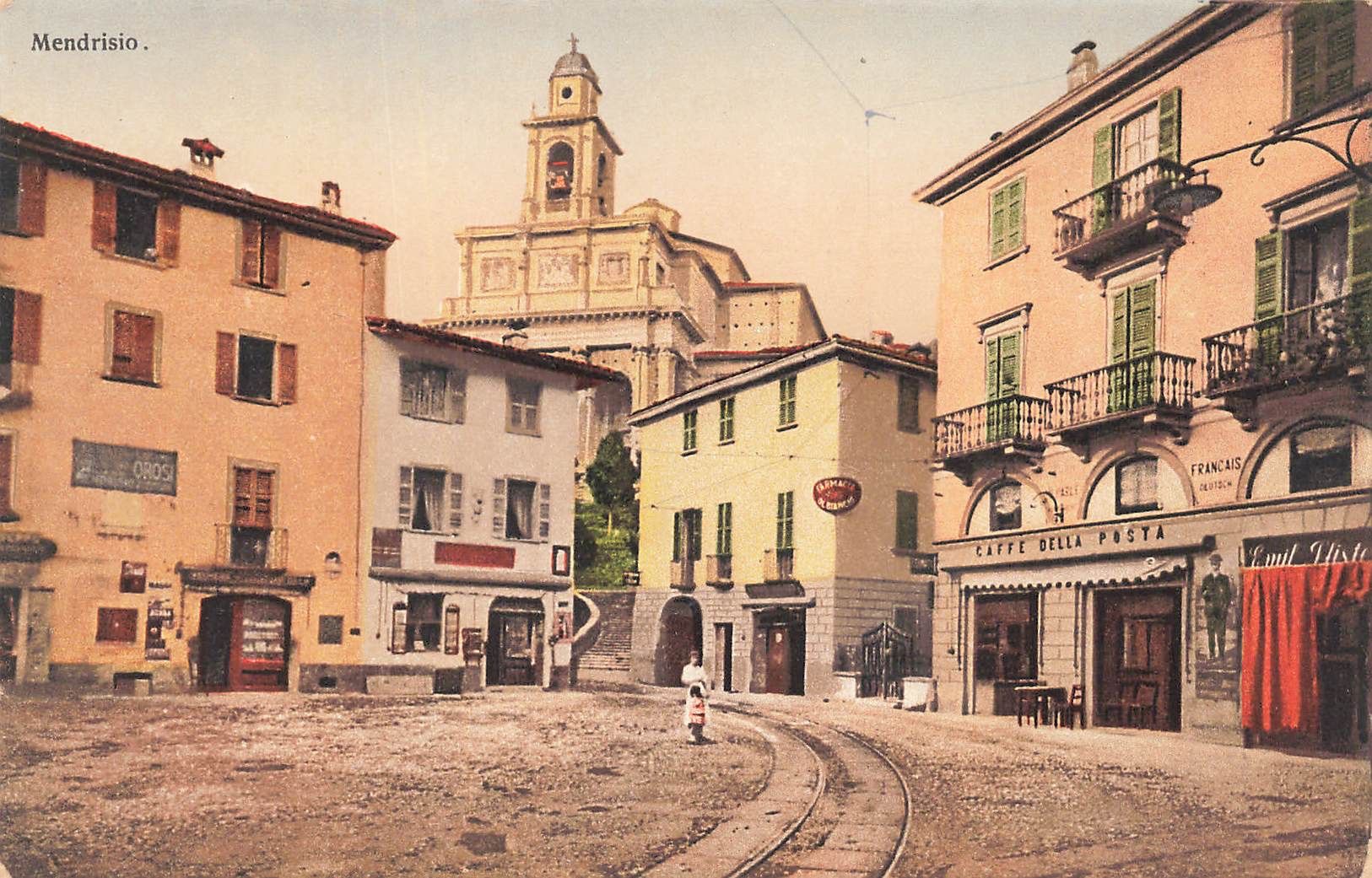 Cartoline postali: Mendrisio TI centro paese chiesa e binari tram – Usato da Biasca venduto da Blenio71