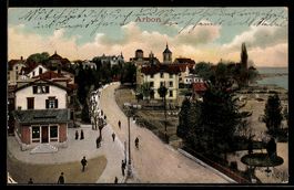 AK Arbon, Straßenpartie mit Anlage, Ufer u. Ortspanorama