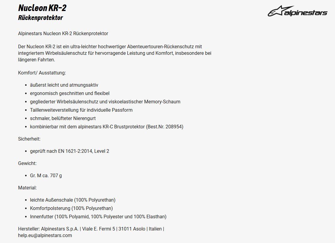 Protezioni & Imbottiture: Alpinestars Nucleon KR-2, grösse M, neuwertig – Nuovo (secondo la descrizione) da Rümikon AG venduto da tokefu 2