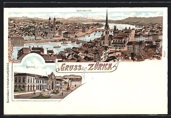 Cartes postales: Litho Zürich, Generalansicht, Bahnhof – D'occasion à Berlin par bartko-reher