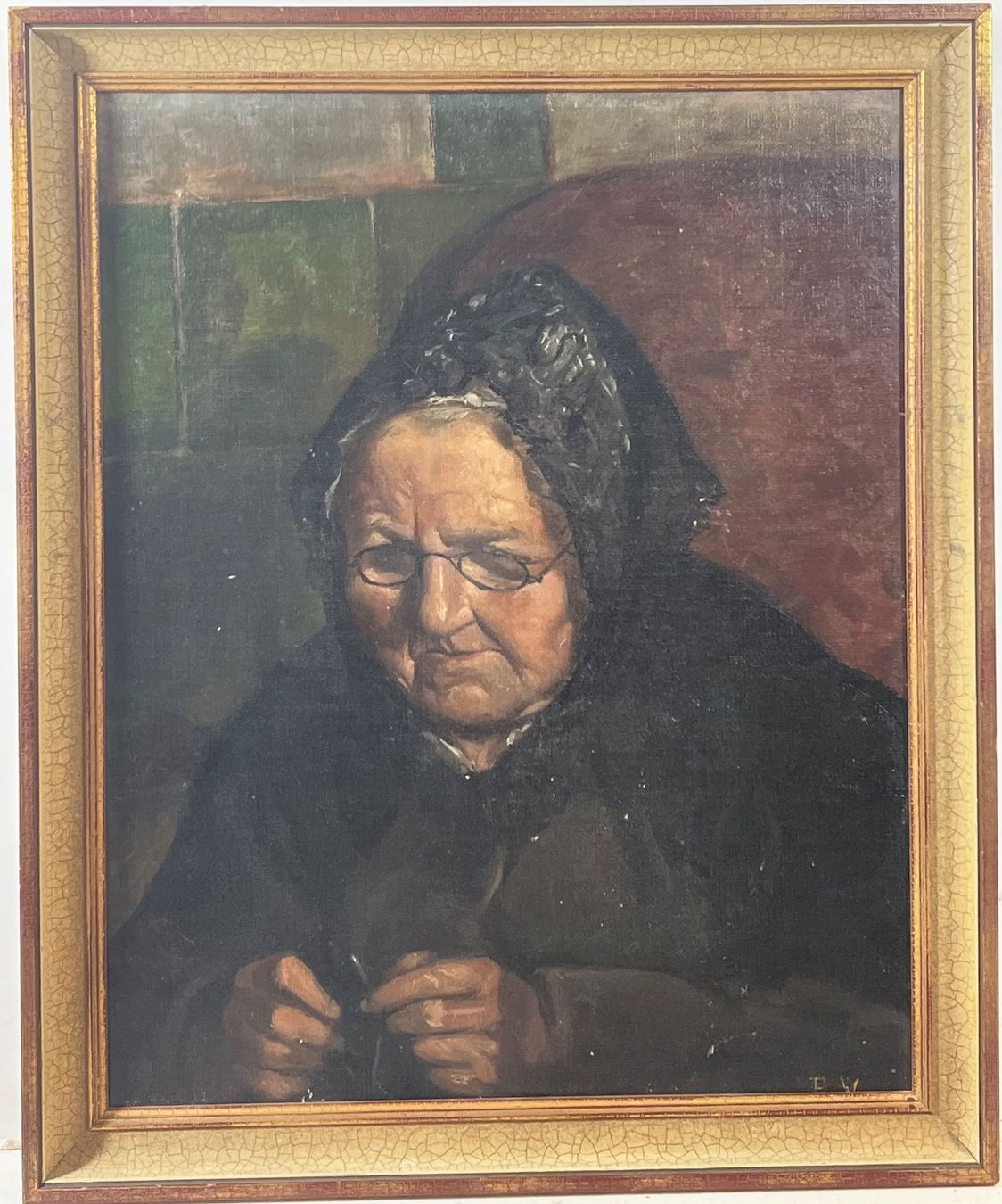 Gemälde: Gemälde von eine Alter Dame mit Brille , Monogrammiert – Gebraucht aus Root von
