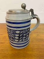 Schöner Bierkrug, Steingut mit Zinndeckel - defekt