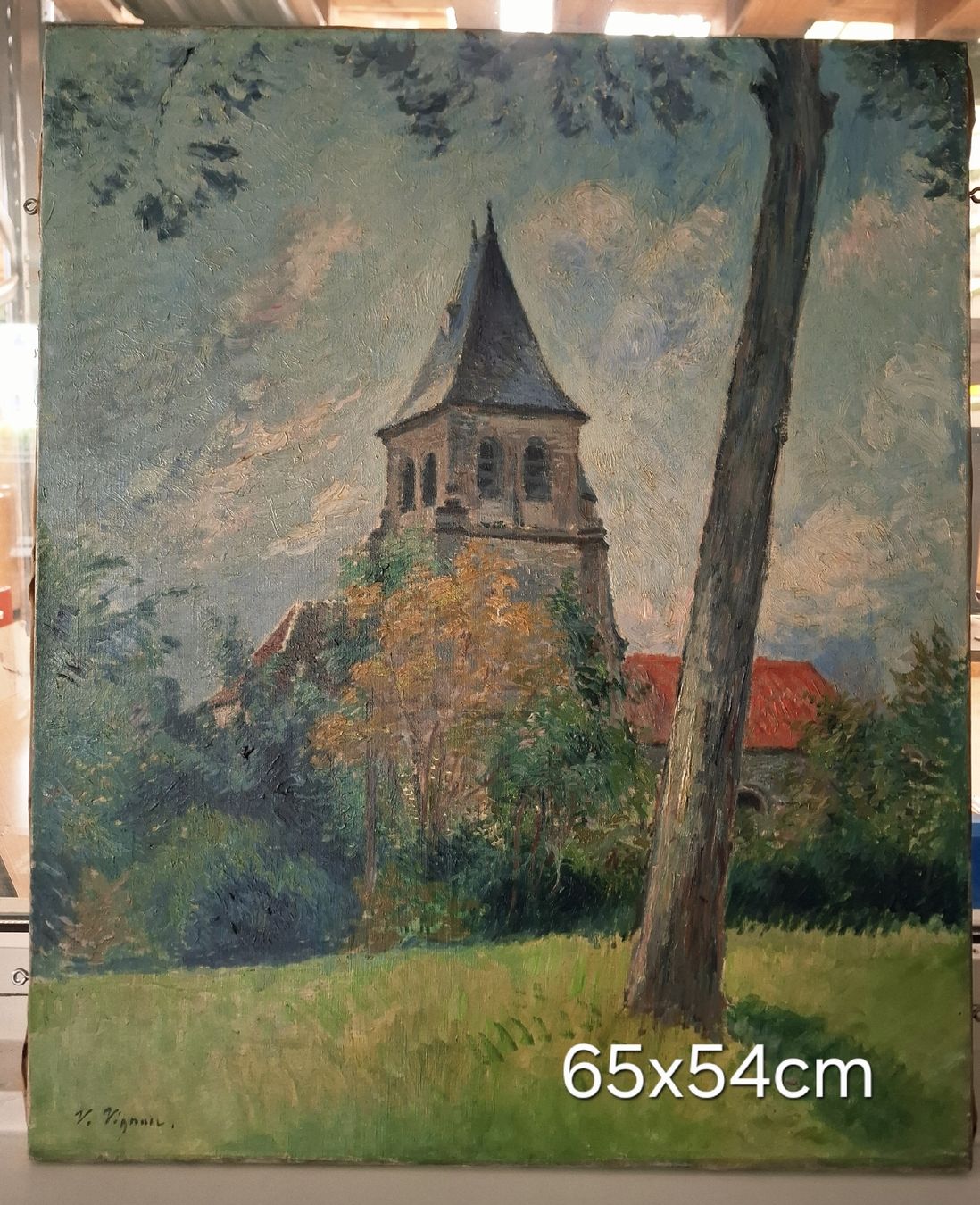 Dipinti: Ölgemälde V. Vignon, Kirche in Landschaft, 65x54cm – Usato da Splügen venduto da bet_rwf8