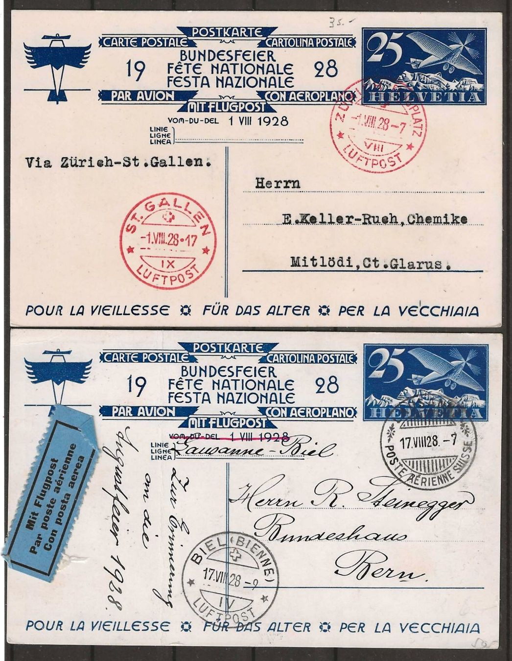 Tutti i francobolli: 1928 : 2 Bundesfeierkrten mit Flugpost – Usato da Gümligen venduto da Geniusbuy