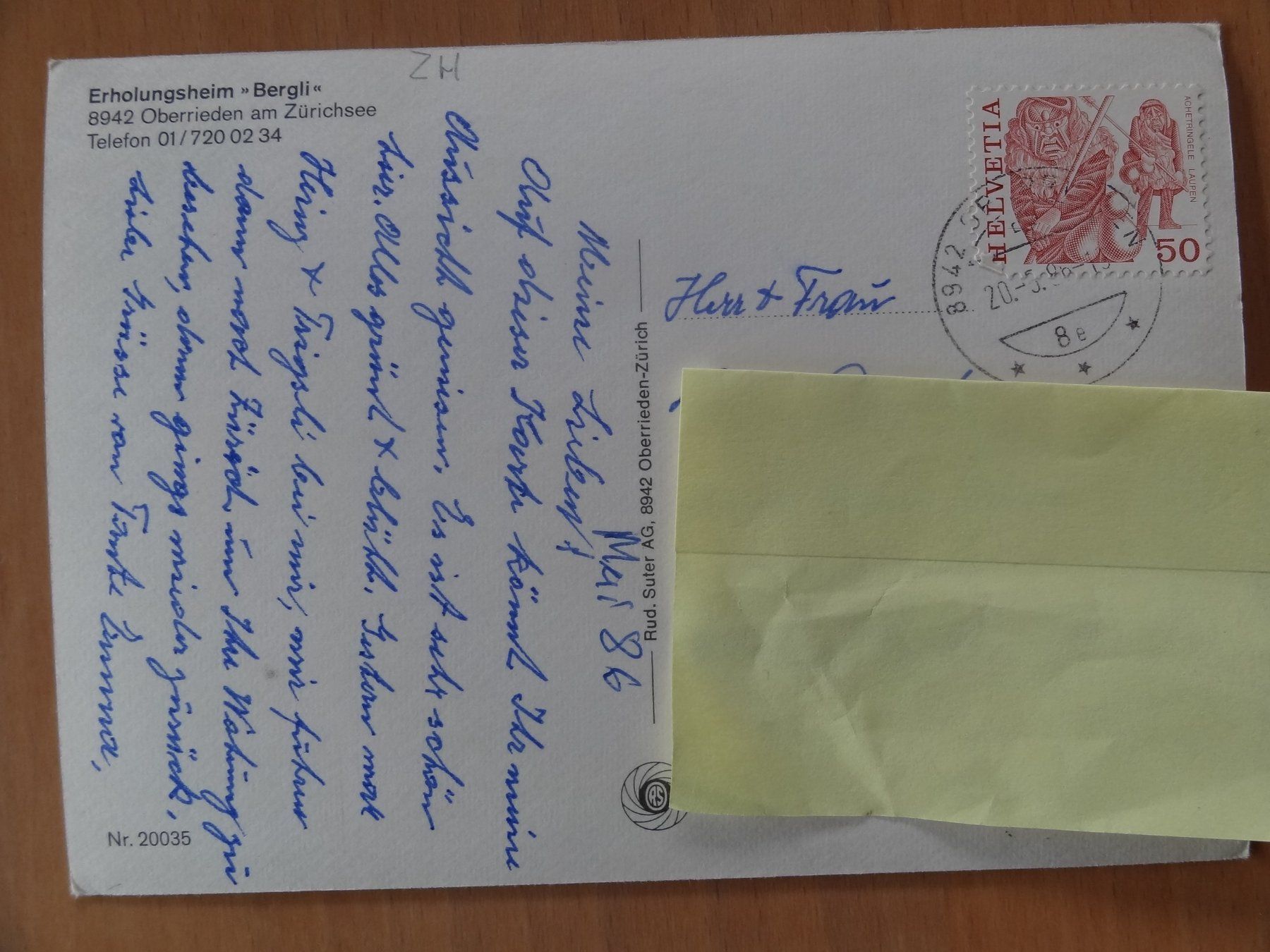Cartoline postali: Oberrieden - Erholungsheim Bergli - 1986 – Usato da St Léonard venduto da Riglin 1