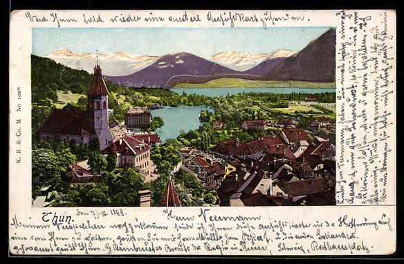 Ansichtskarten: Goldfenster-AK Thun, Panorama mit Kirche – Gebraucht aus Berlin von bartko-reher
