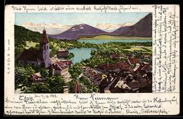 Goldfenster-AK Thun, Panorama mit Kirche