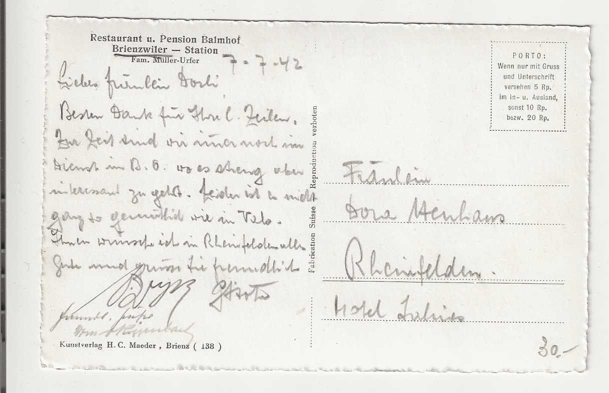 Cartoline postali: Balmhof / Brienzwiler, 1943 – Usato da Spiez venduto da Niesen20 1