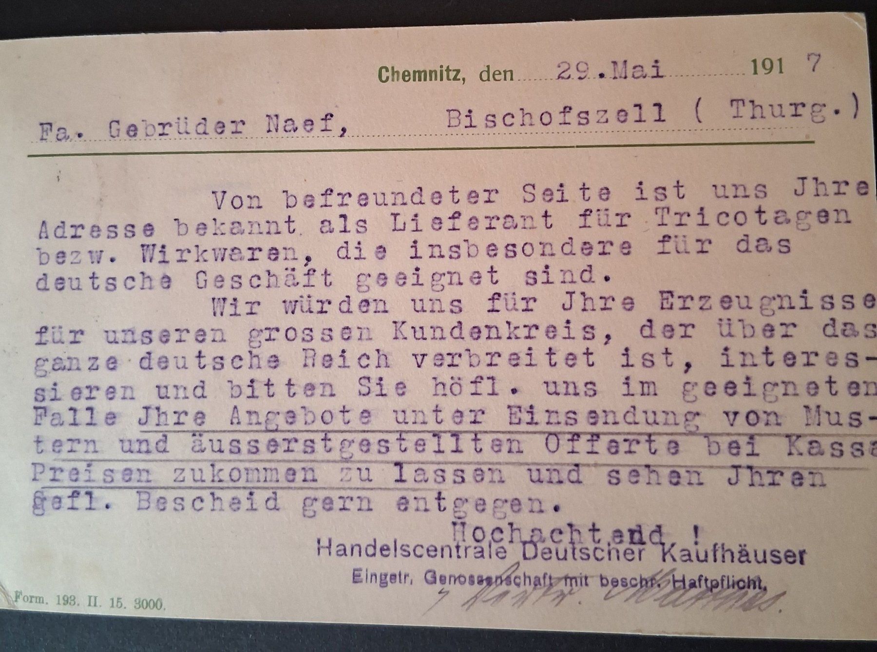 Tutti i francobolli: Postkarte Chemnitz-Bischofszell, 1917 – Usato da Stalden (Sarnen) venduto da Salina_23 3