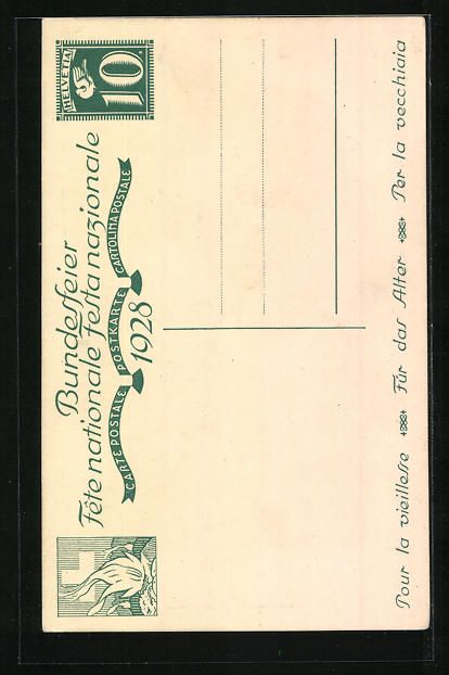 Cartoline postali: Schweizer Bundesfeier 1928, Für das Alt – Usato da Berlin venduto da bartko-reher 1