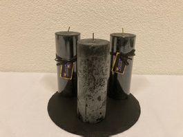 Kerzen - Set Schwarz Raureif, 3 Stück a je ca. 6,8x18 cm