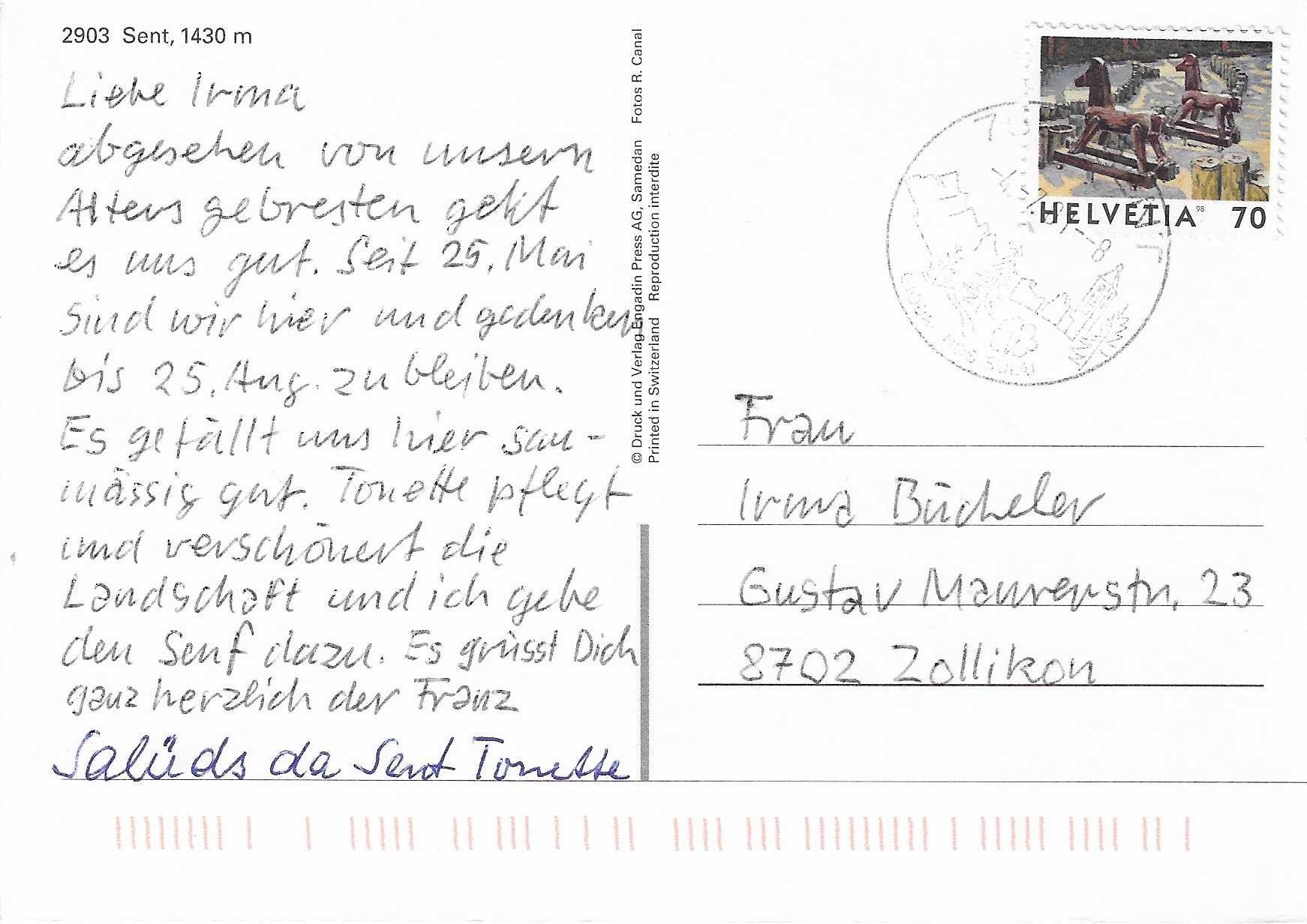 Ansichtskarten: Sent GR – Gebraucht aus Rothrist von Stranglehold 1