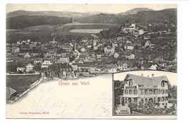 Gruss aus Worb (BE) Kirche  Schloss Tabakfabrik Reimann 1906