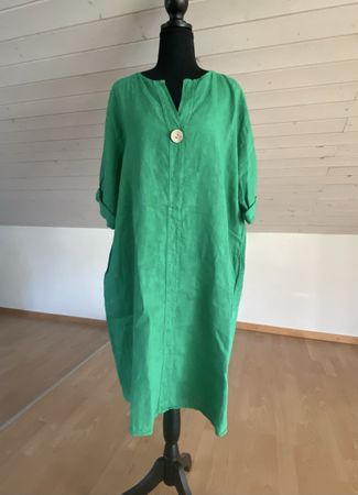 Kleid grün 100% Leinen Gr. XL Shiny Moda neuwertig