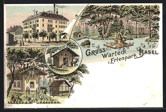 Ansichtskarten: Lithographie Basel, Warteck, Erlenpark – Gebraucht aus Berlin von bartko-reher