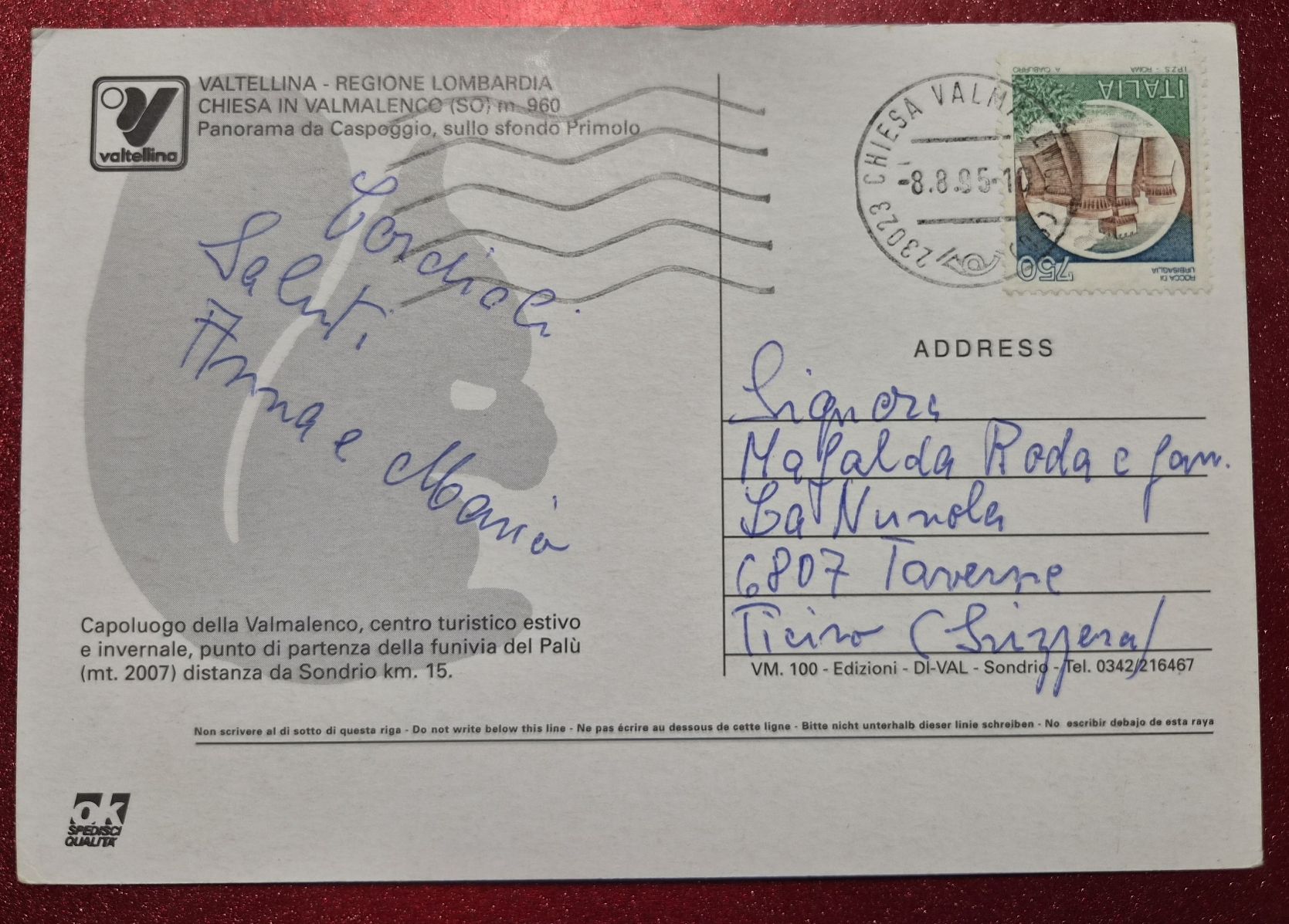 Cartoline postali: Chiesa Valmalenco 1995 – Usato da Melchnau venduto da Fishel 1