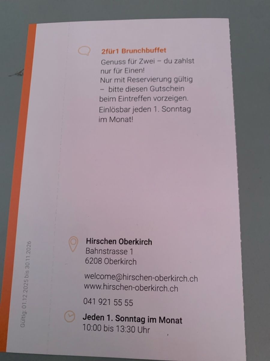 Buoni: 2für1 Brunchbuffet, Hirschen Oberkirch LU – Nuovo e nell'imballaggio originale da Attelwil venduto da TaraLee 1