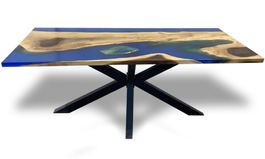 200 cm Tisch aus Suar-Holz und blau-grünem Harz