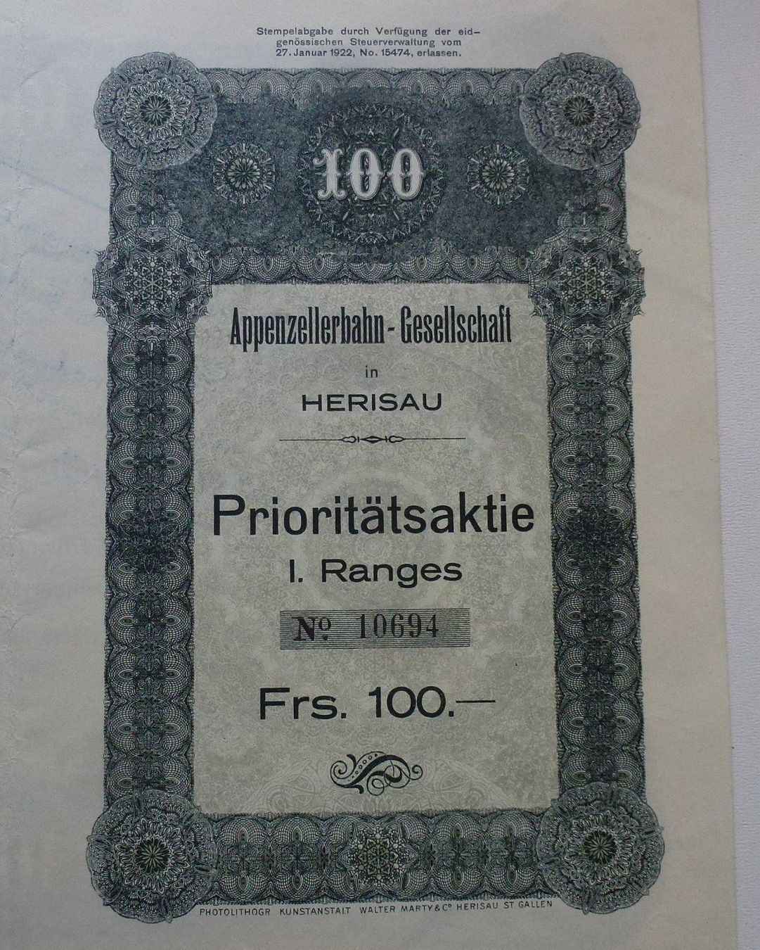 Dokumente: Aktie 1921 Appenzellerbahn-Gesellschaft – Gebraucht aus Walkringen von Casablanca777 4