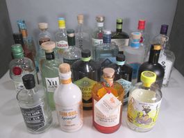 23 unterschiedliche leere Gin-Flaschen - als Deko Objekt