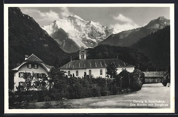 Cartoline postali: AK Gsteig, Kirche mit Jungfrau, 1936 – Usato da Berlin venduto da bartko-reher