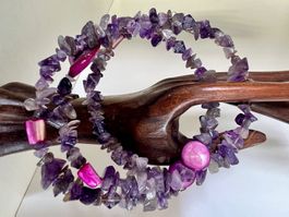 Amethyst Wickelarmband mit Perlmutt – handgefertigt – Unikat