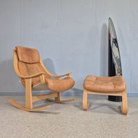 1990 Rocking Chair & Ottoman,  Schaukelstuhl Ledersessel