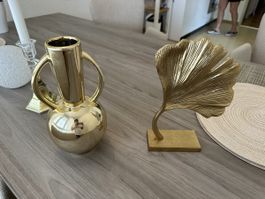 Dekoration Vase & Blatt gold