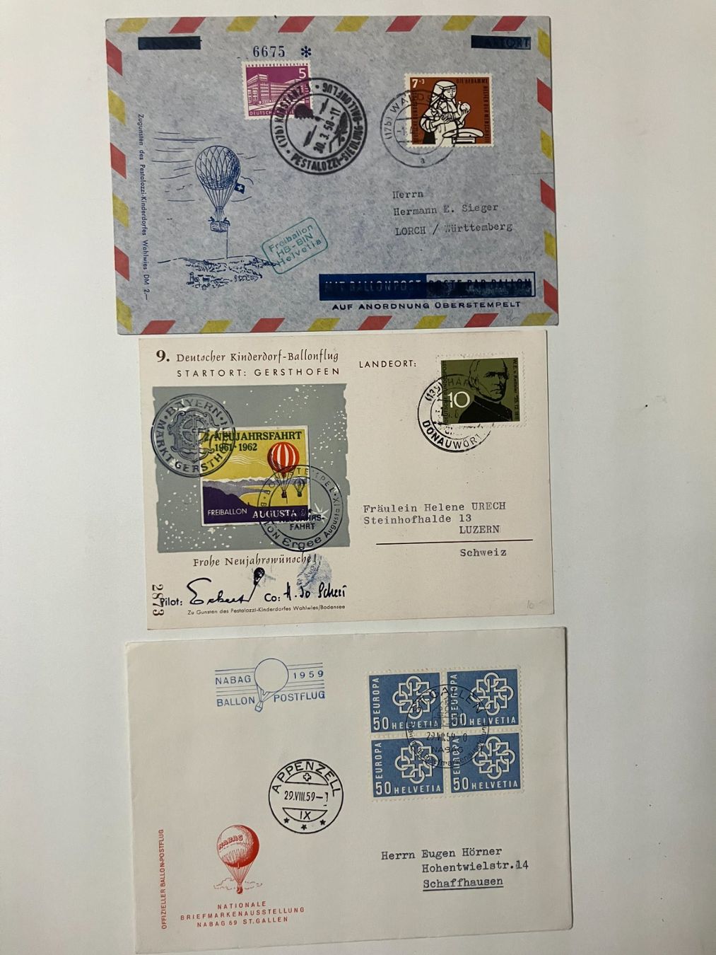 Tutti i francobolli: Ballon-Post CH/D 1958/60, 5 vers. Belege – Usato da Würenlos venduto da Eulenpostuhu