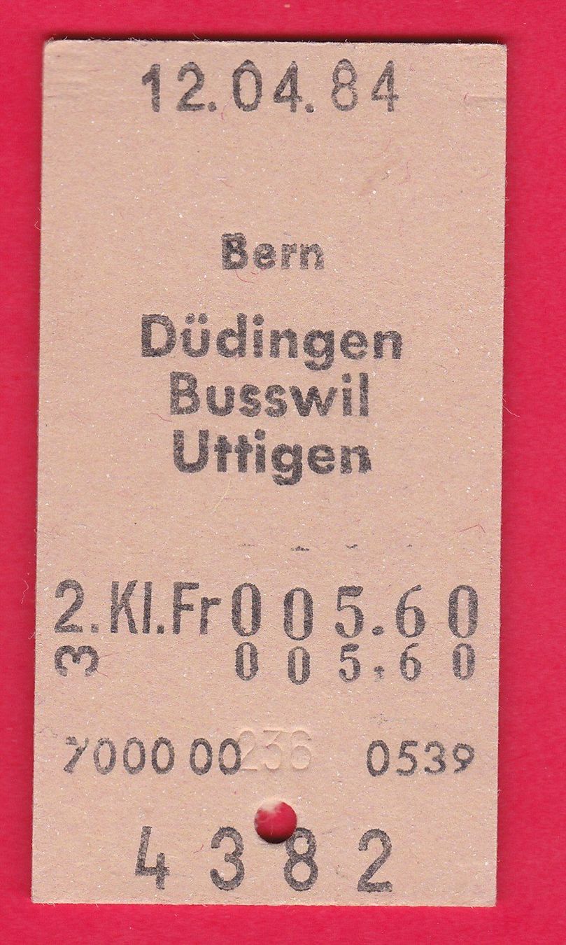 Biglietti: KARTON BILLETT, BERN - UTTIGEN, 2.KLASSE, EINFACH, 12.4.1984 – Usato da Oberrieden venduto da Gebirgsstelze
