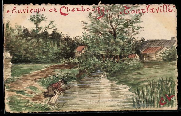 Cartoline postali: Handgemalt: Cherbourg, Person am Ufer ei – Usato da Berlin venduto da bartko-reher