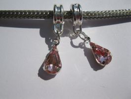 2 Anhänger, Dangle Tropfen rosa, versilbert