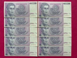 Belgrad 1992 - Jugoslawien 10 x 500 Dinara UNC