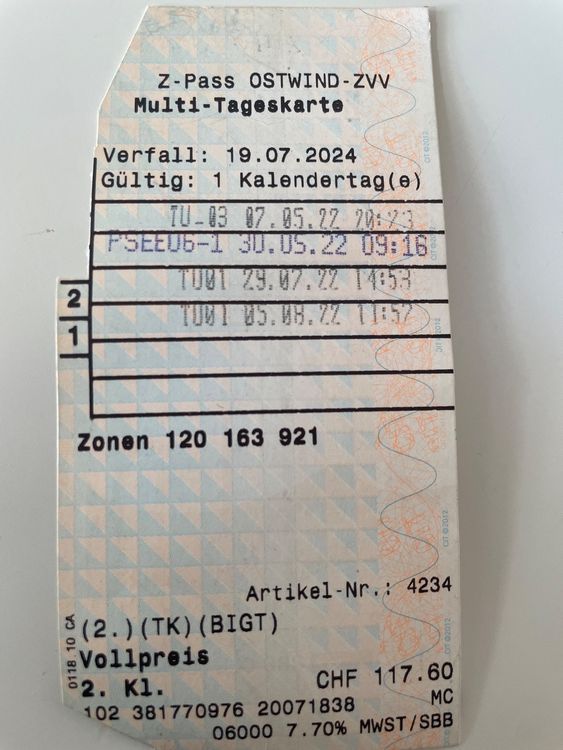 ZVV Tageskarte Zonen 120 163 921 (Gebraucht) in Hochfelden für CHF 11 ...