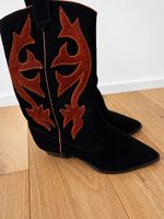 Black Suede Cowboy Boots with Embroidery - Size 37.5