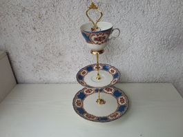 Etagen Teller Set mit Tasse goldfarben gemustert 2 Ebenen